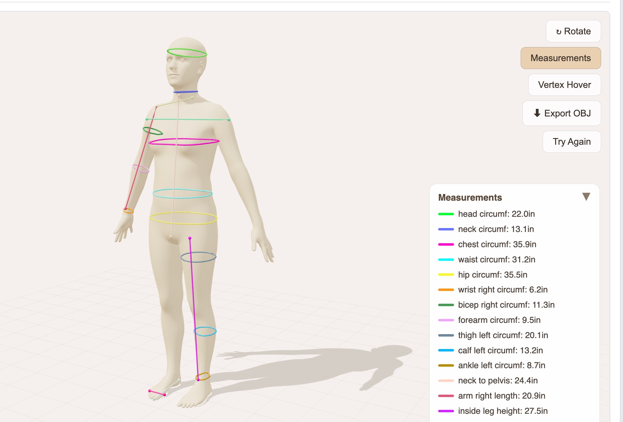 FervoGear 3D fit profile with labelled body measurements